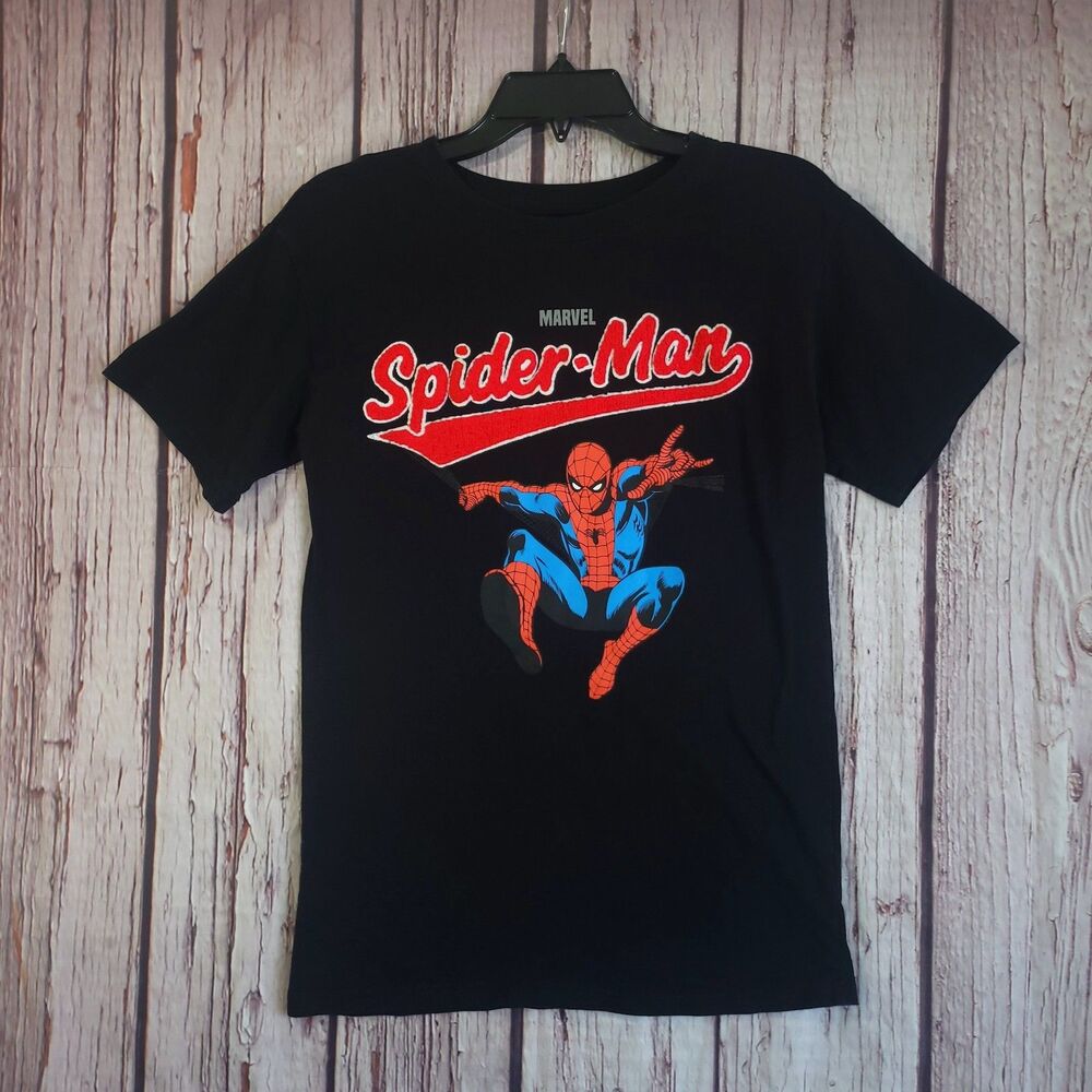 Marvel Spider-Man Black Graphic Print T-Shirt Mens S Crew Neck Short Sleeve